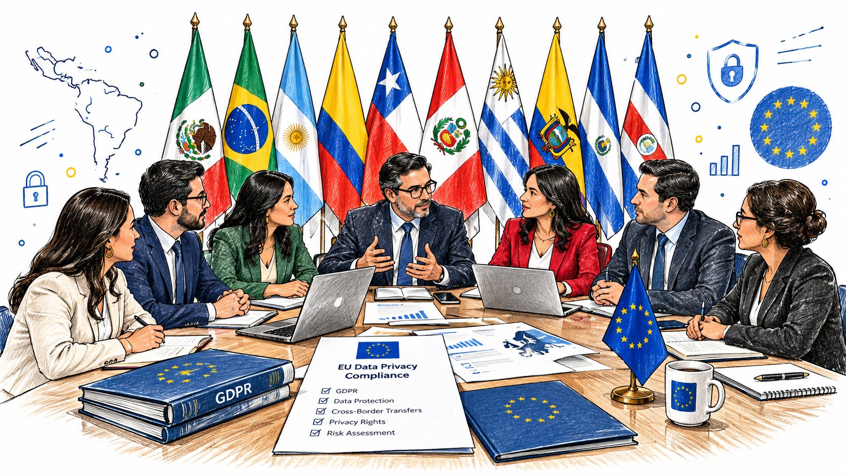 A professional business meeting scene with Latin American company leaders reviewing European Union data privacy complian