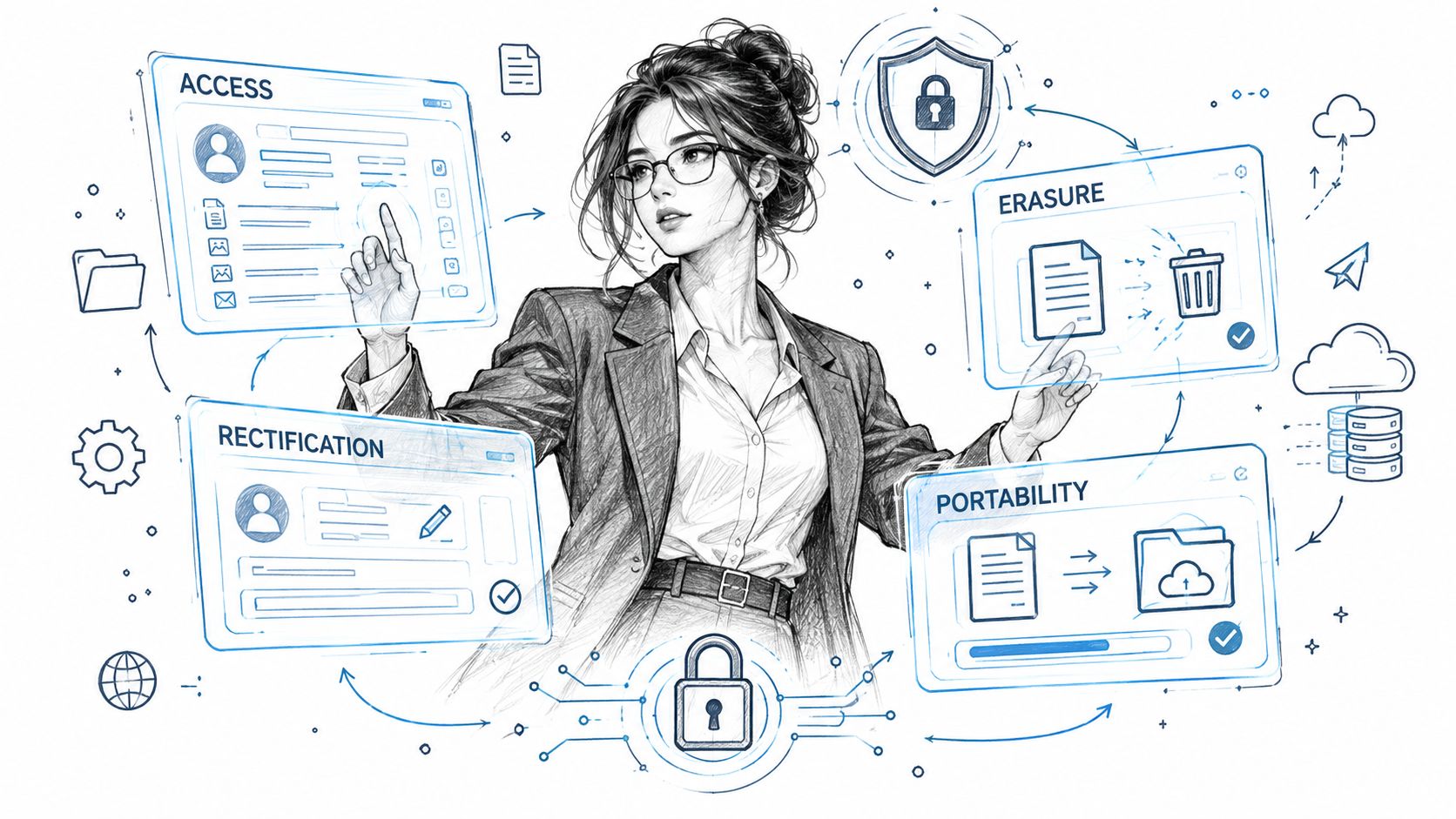 A professional woman interacting with digital interfaces representing GDPR data rights like access, erasure, rectification, and portability.